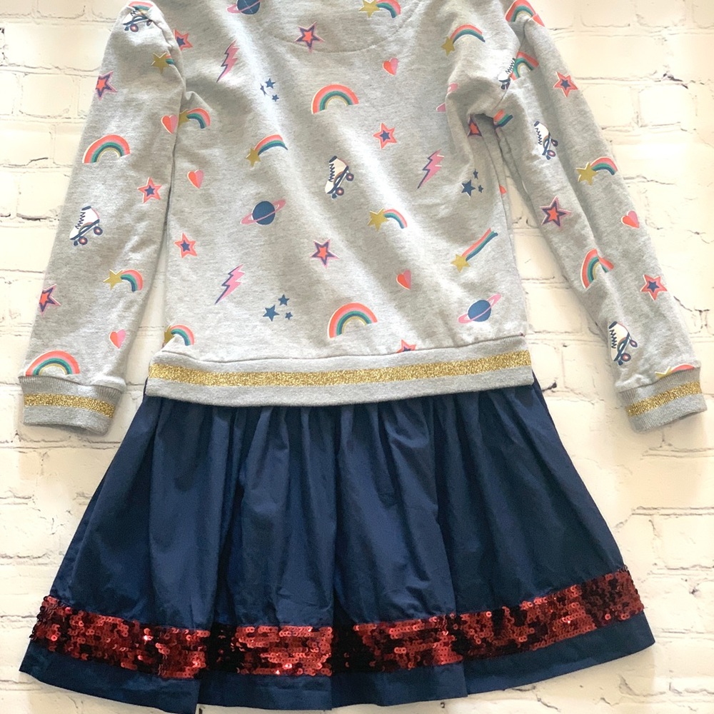 Mini Boden Fun Jersey Woven Dress with Marl Disco and Sequins details